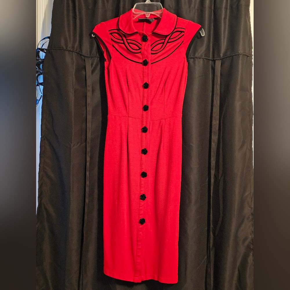 Voodoo Vixen Western Piping Red Pin Up Pencil Dress